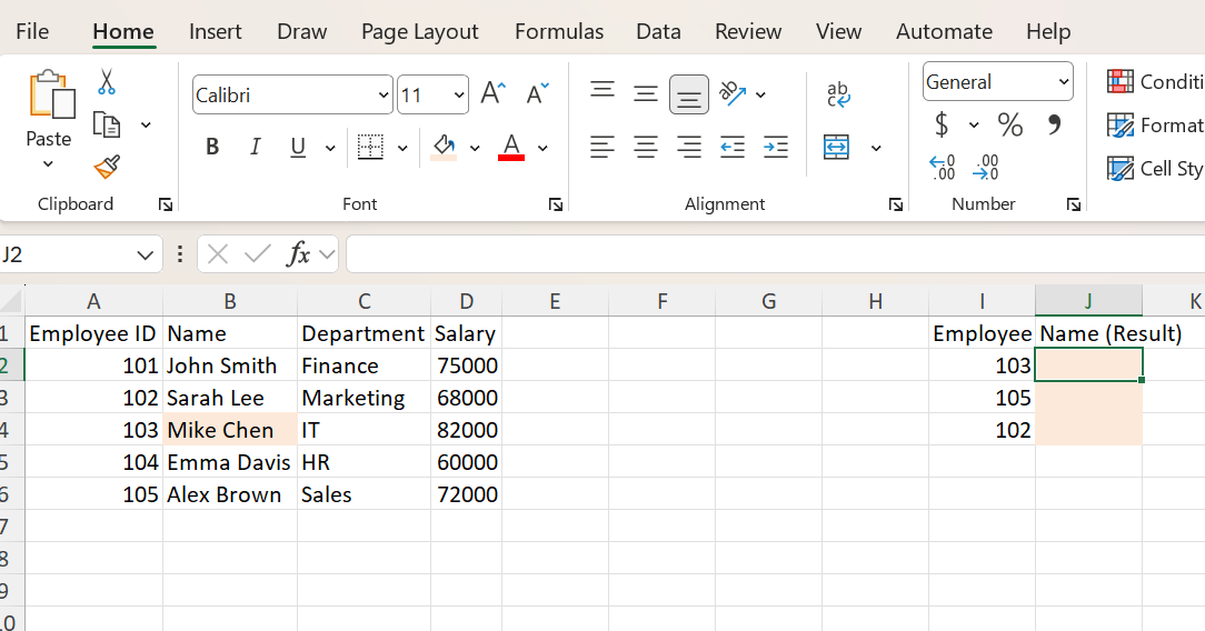 INDEX MATCH Excel example dataset with employee IDs, names, departments, and salaries in columns A through D