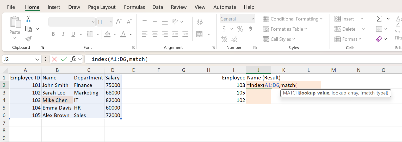 Building the INDEX MATCH formula in Excel with return array B2:B6 selected