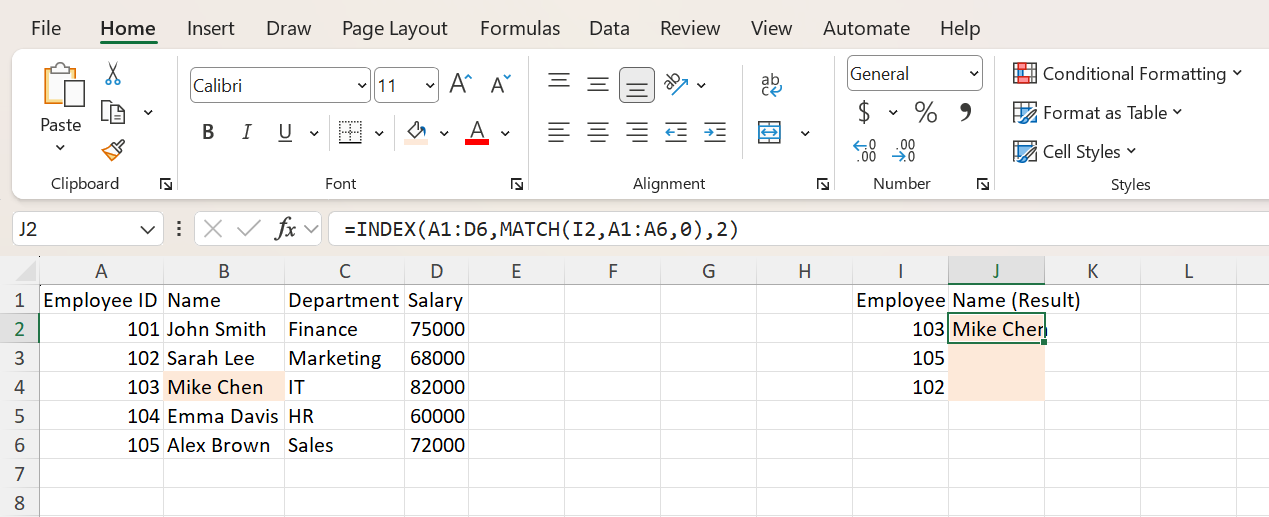 INDEX MATCH returning Mike Chen for Employee ID 103 in cell J2