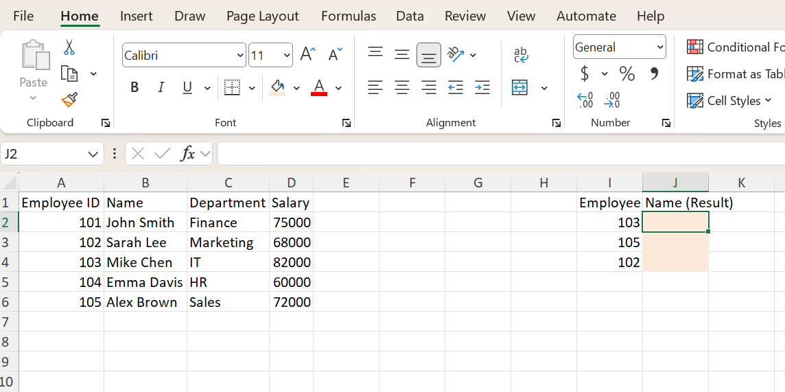 VLOOKUP Excel example dataset with employee IDs, names, departments, and salaries in columns A through D