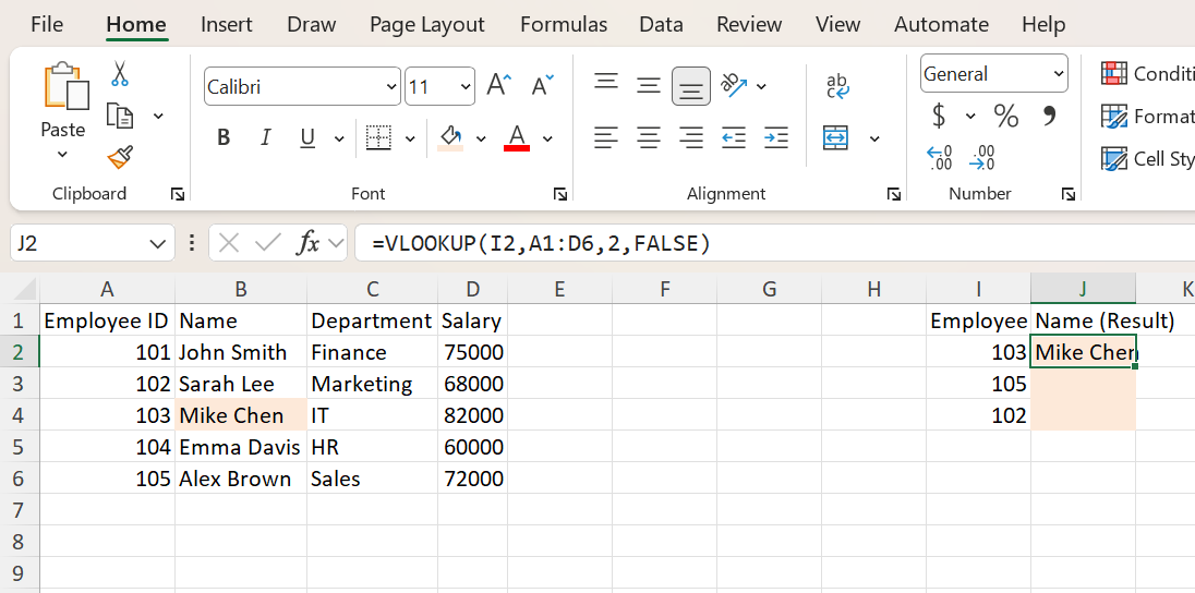 VLOOKUP returning Mike Chen for Employee ID 103 in cell J2