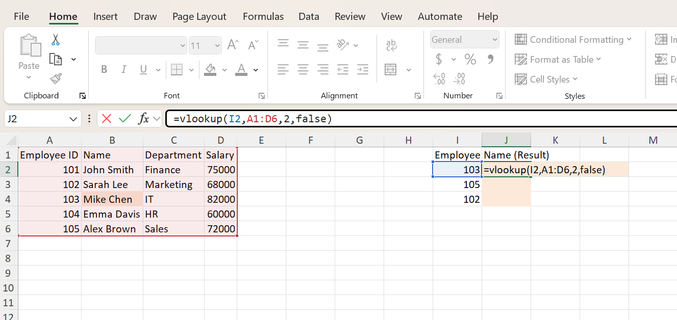 VLOOKUP formula in Excel showing lookup_value I2 and table_array A1:D6 highlighted