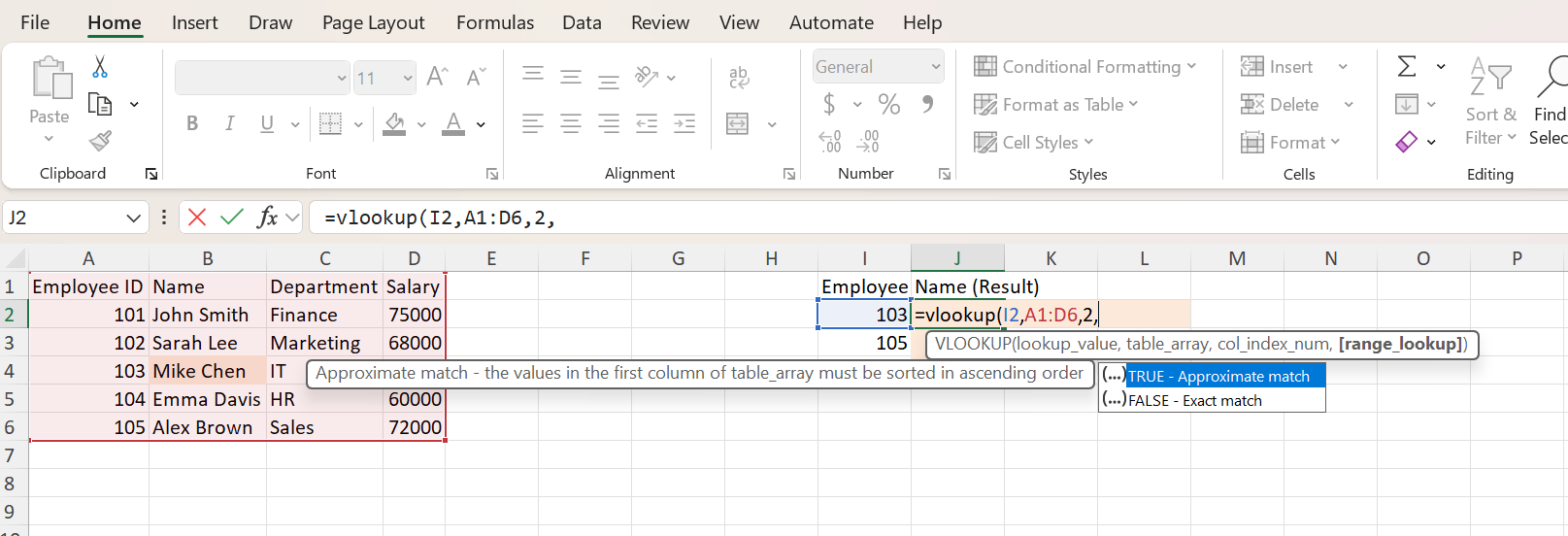 Selecting cell J2 in Excel to begin typing the VLOOKUP formula