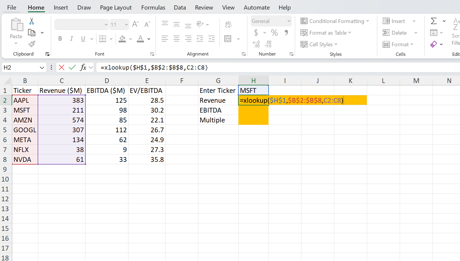 Excel formula bar showing =XLOOKUP($H$1,$B$2:$B$8,C2:C8) being entered into cell H2 with the lookup and return ranges highlighted