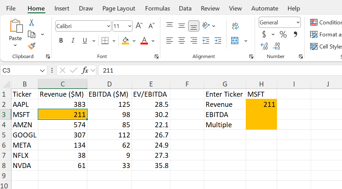 Excel result showing 211 returned in cell H2 after looking up MSFT in the ticker column